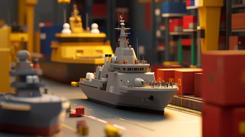 Detailed Model of Military Ship at Busy Dock