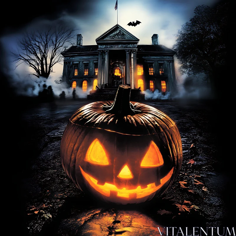 Eerie Halloween Night with Jack-O'-Lantern and Spooky House AI Image