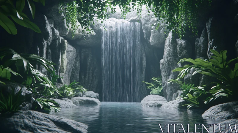 AI ART Peaceful Waterfall with Lush Vegetation