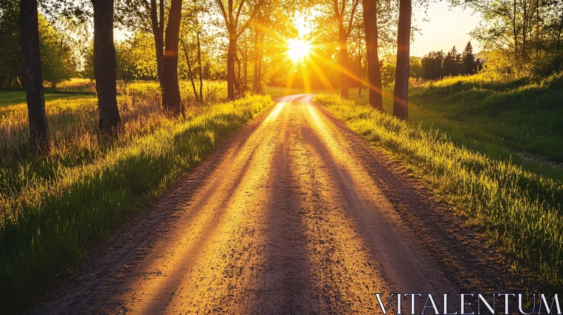 Golden Hour on a Pathway Through Trees AI Image