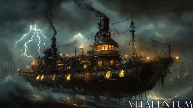 Fantastic Steampunk Ship in Thunderstorm AI Image