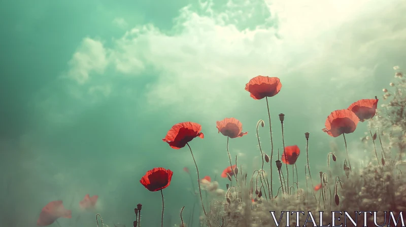 Serene Poppy Field Under Cloudy Sky AI Image