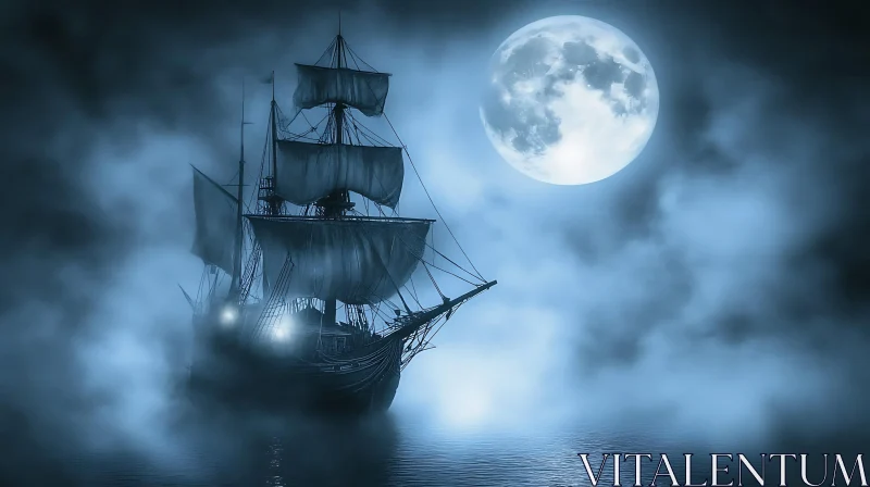 Ghostly Ship Sailing Under Moonlight AI Image