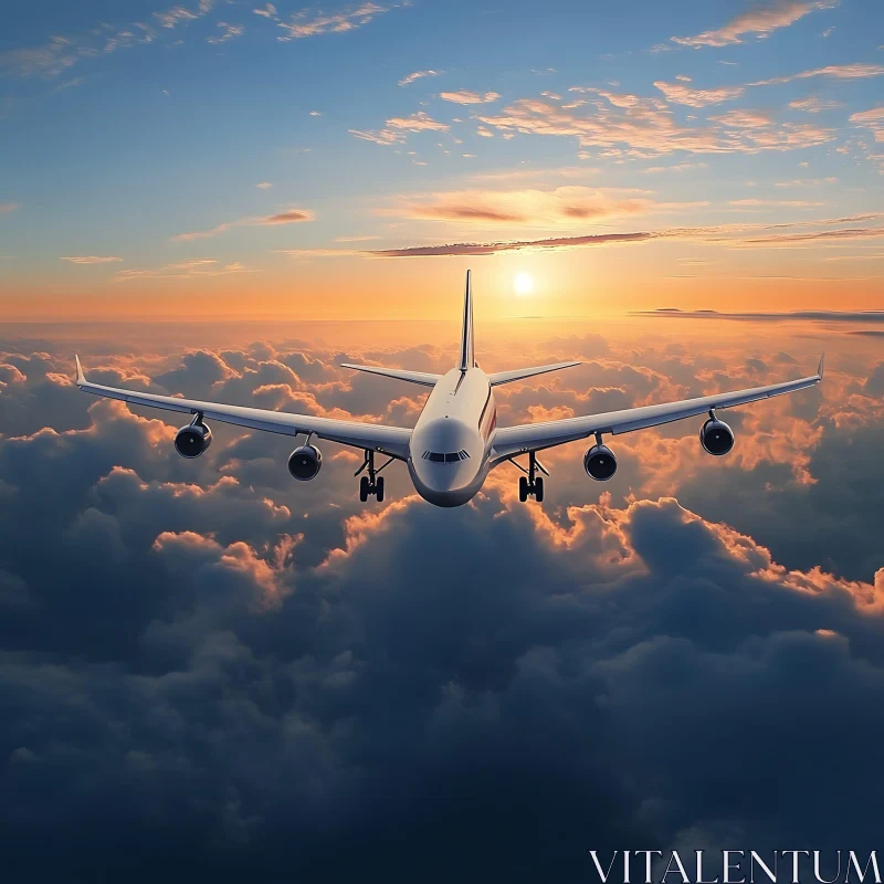 Aircraft Soaring Above Clouds during Sunset AI Image