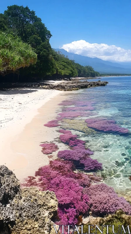 Pristine Beach with Vibrant Coral and Scenic Mountains AI Image