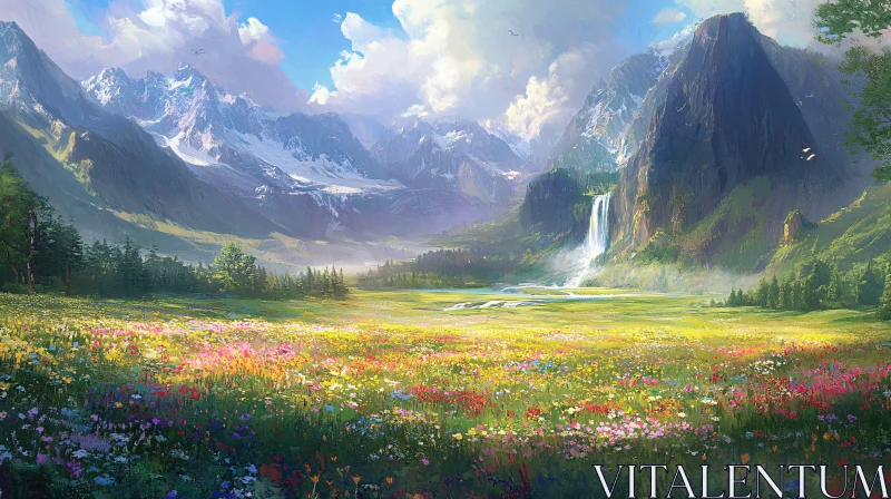 AI ART Serene Mountain and Meadow Scene with Cascading Waterfall