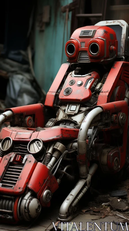 Abandoned Red Robot: A Study in Steelpunk Aesthetics AI Image