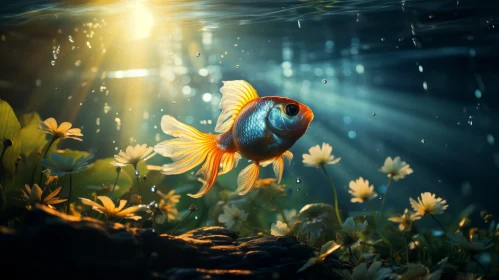 Golden Fish Swimming Among Green Flowers - Colorful and Dreamy Illustration