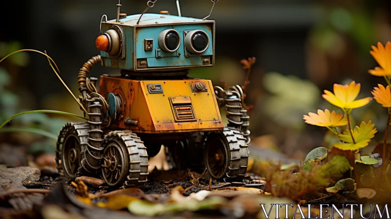 Post-Apocalyptic Toy Robot in Autumn Leaves AI Image