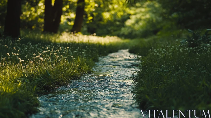 AI ART Tranquil Stream in a Lush Forest Setting