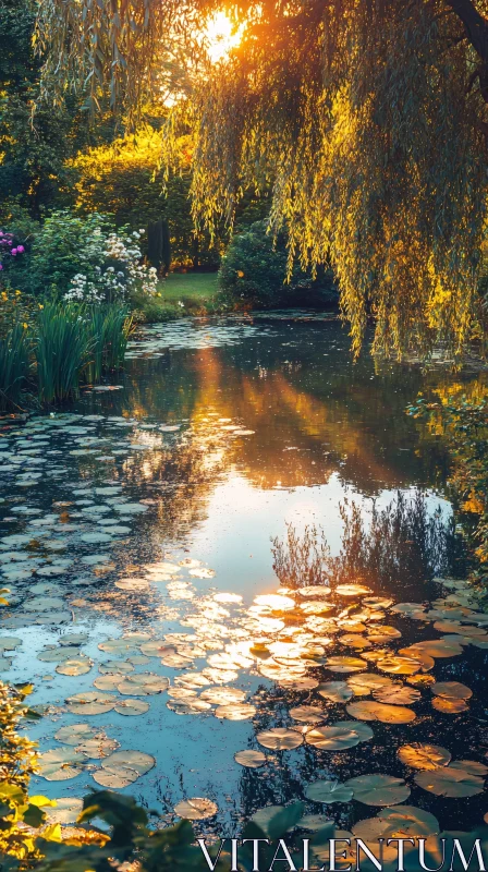 AI ART Tranquil Garden Pond with Sunlit Lilies