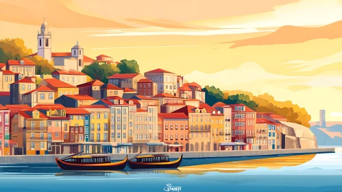 Sunset Over a Vibrant Coastal Cityscape