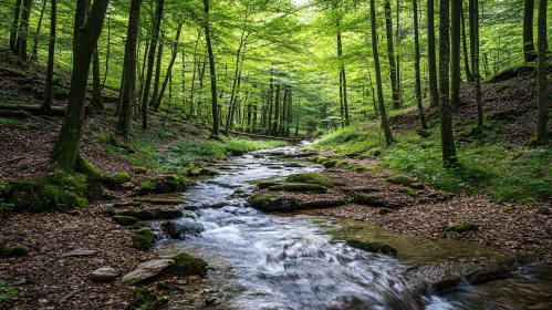 Peaceful Forest Stream Surrounded by Greenery