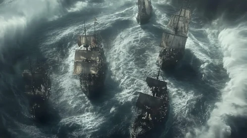 Sailing Ships Braving the Storm
