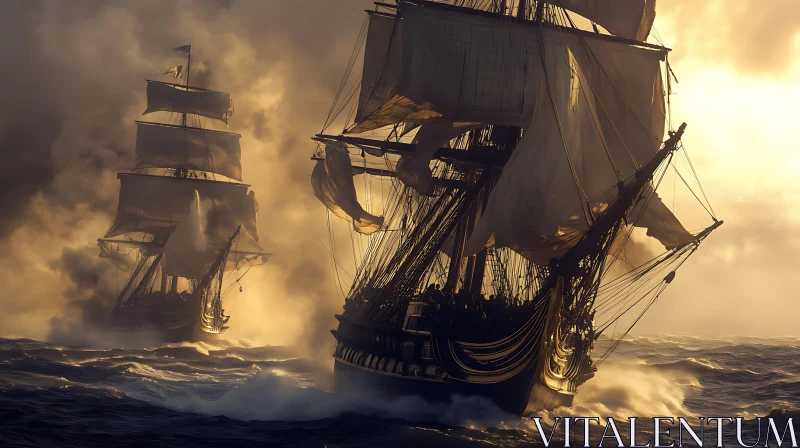 AI ART Historic Sailing Ships Amidst Golden Sunset