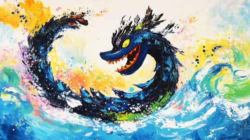 Vibrant Painted Dragon Emerging from Wave