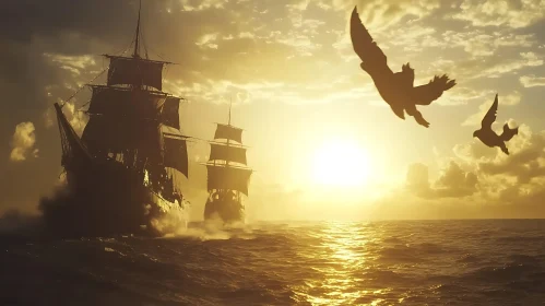 Sunset Ocean Voyage with Ships and Birds