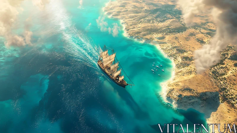 AI ART Sailing Ship Through Turquoise Ocean