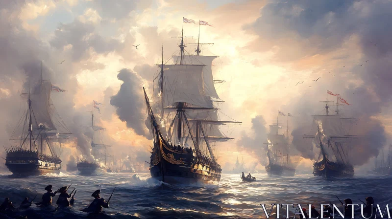 AI ART Dramatic Naval Warfare Scene with Tall Ships and Billowing Smoke