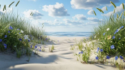 Tranquil Seaside Retreat with Flowers and Grass