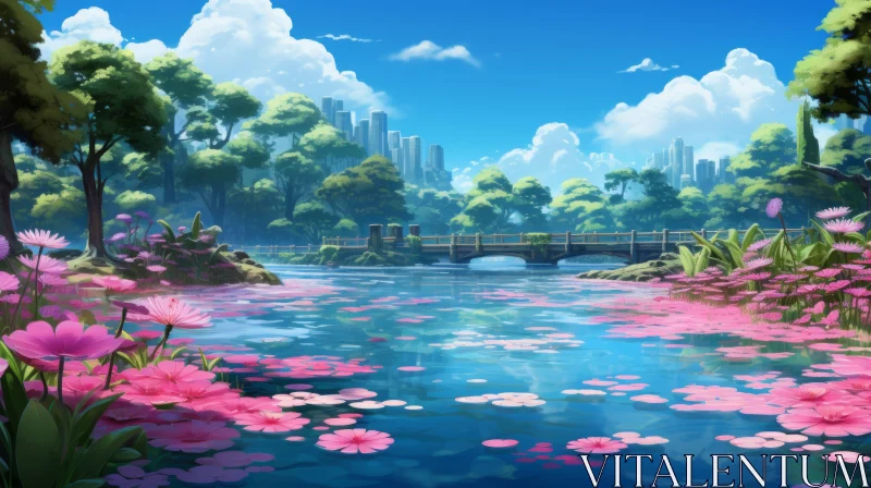 Anime Art - Tranquil Lake and Cityscape with Pink Flowers AI Image