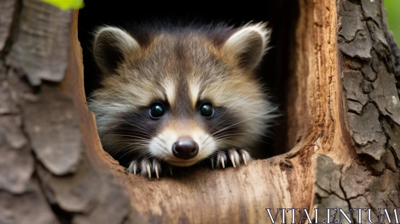 AI ART Baby Raccoon Peeking Out from Tree Hole - Nature's Innocence Captured