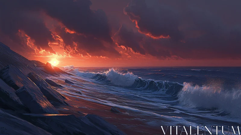 AI ART Coastal Sunset with Crashing Waves