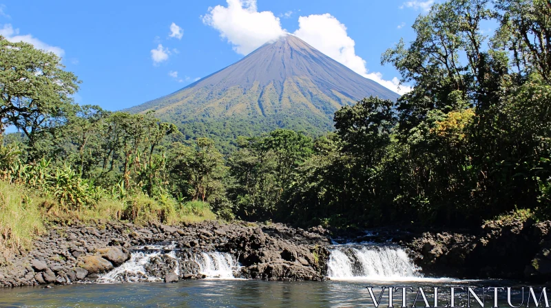 AI ART Picturesque Volcano and Forest with Waterfall