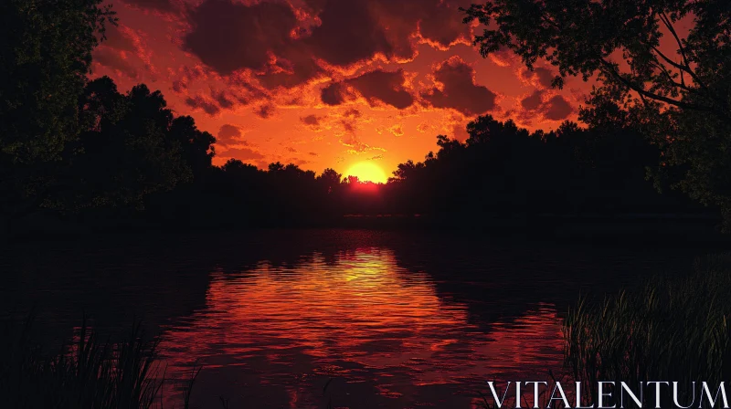 Fiery Sunset Over Serene Lake with Reflecting Waters