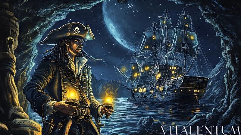 AI ART Pirate with Lanterns Near a Moonlit Ship