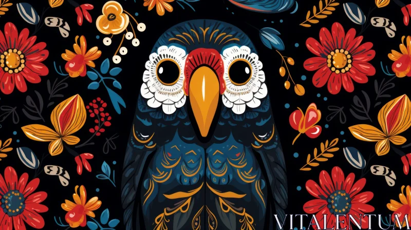 Hand-Drawn Owl Illustration with Colorful Flowers - Folklore Inspired AI Image