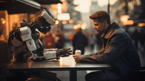 Man conversing with Robot at Street Cafe