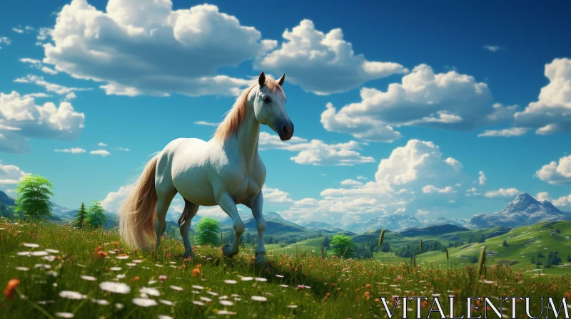 Whimsical Countryside: Majestic White Horse in Detailed Design AI Image