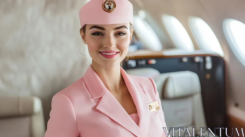 Pink Uniformed Flight Attendant in Airplane AI Image