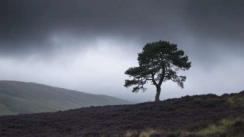 Lonely Tree Amidst Stormy Hills