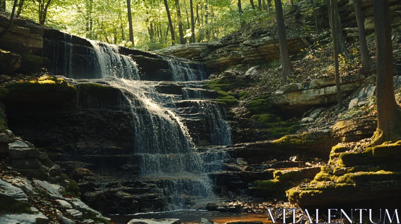 AI ART Tranquil Waterfall in a Lush Forest