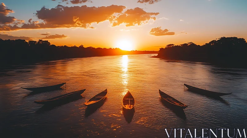 Tranquil Sunset on the River with Boats AI Image