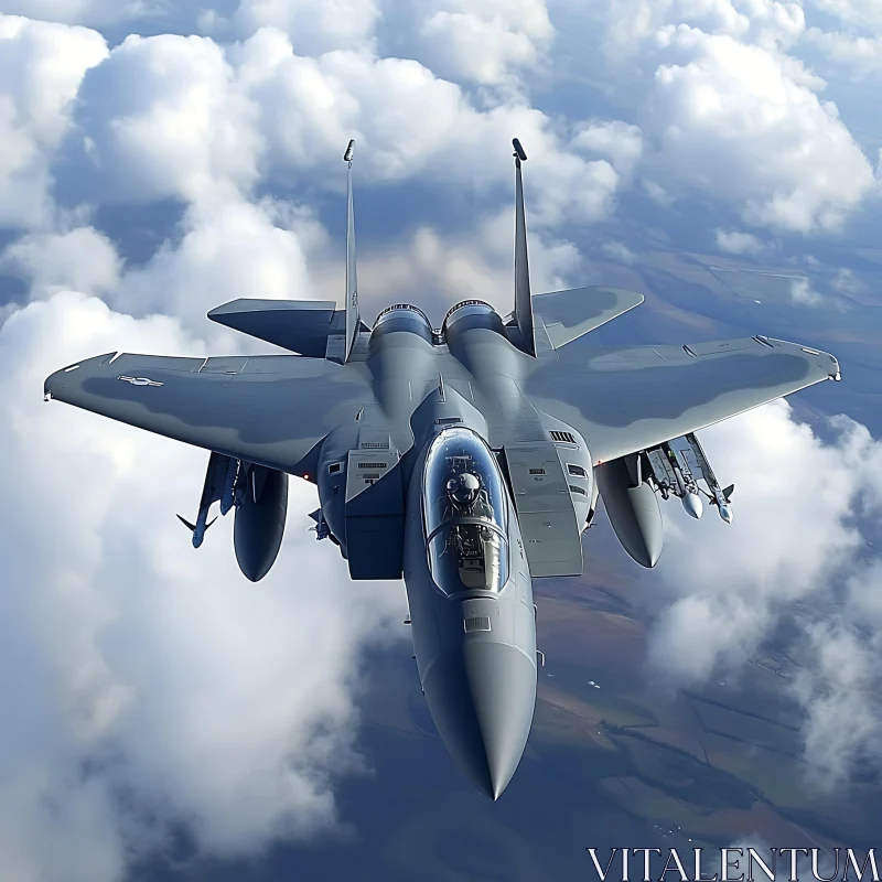 Sleek Fighter Jet Flying Among Clouds AI Image