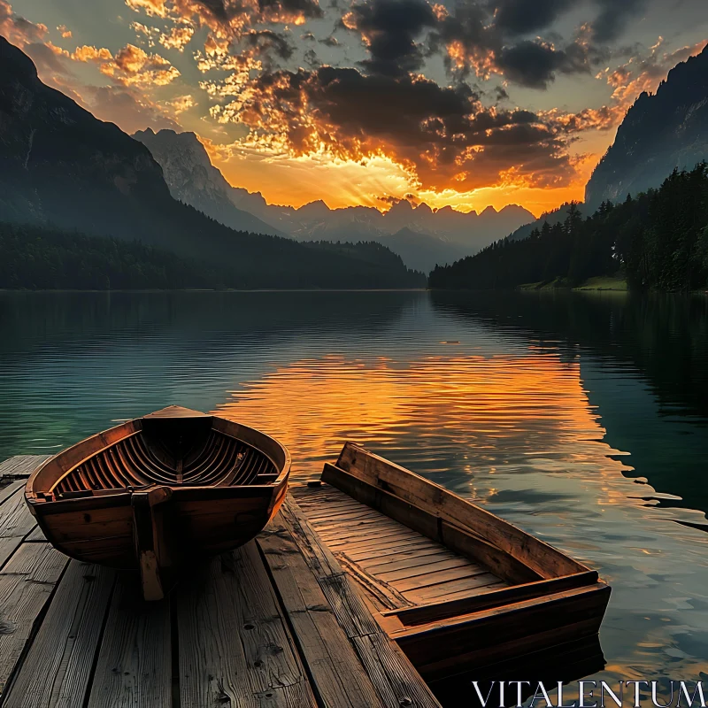 Tranquil Lake Sunset with Wooden Boat and Mountains AI Image