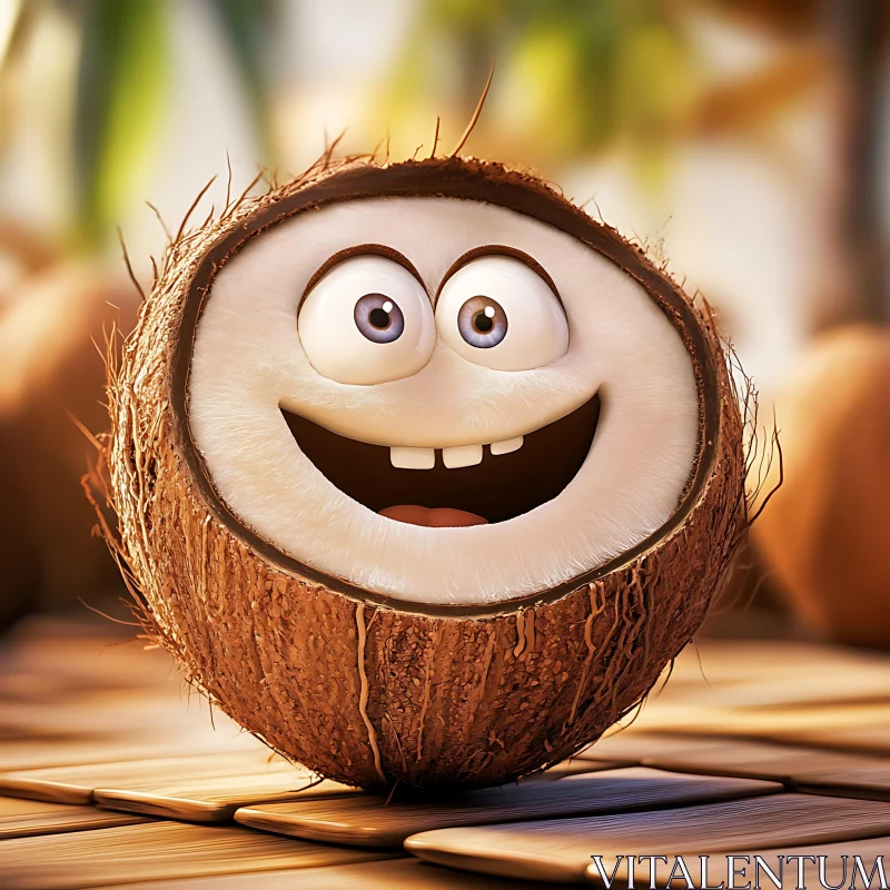 Smiling Coconut Cartoon with Big Eyes AI Image