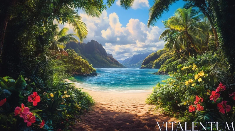 AI ART Serene Tropical Oasis with Stunning Mountains