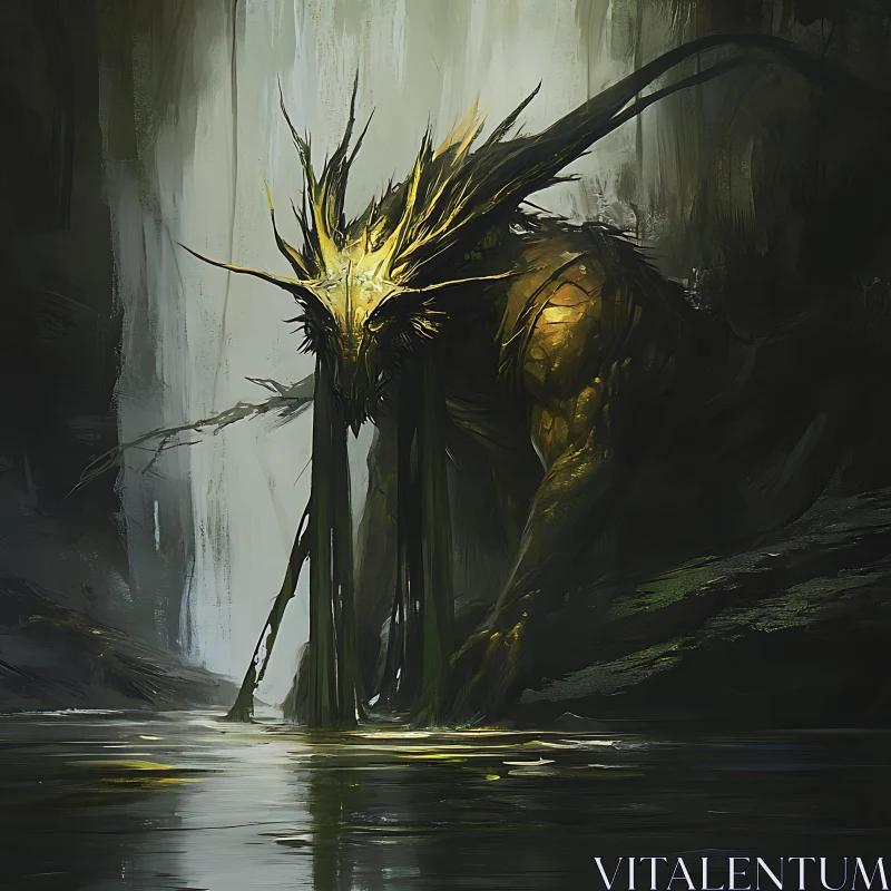 AI ART Mystical Creature in Dark Forest by Waterfall