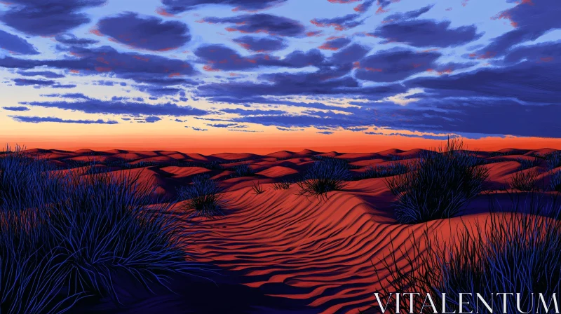 Desert Sunset with Sand Dunes and Dramatic Clouds AI Image