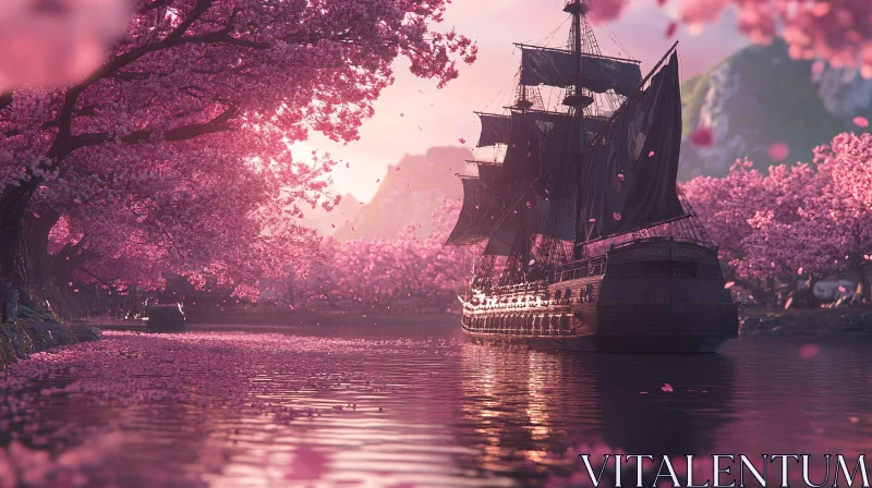 Sunset Cherry Blossom River with Sailing Ship AI Image