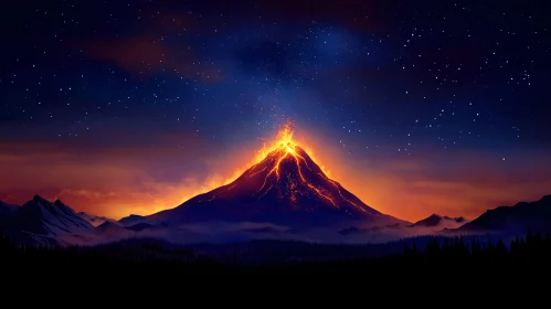 Erupting Volcano with Starry Sky