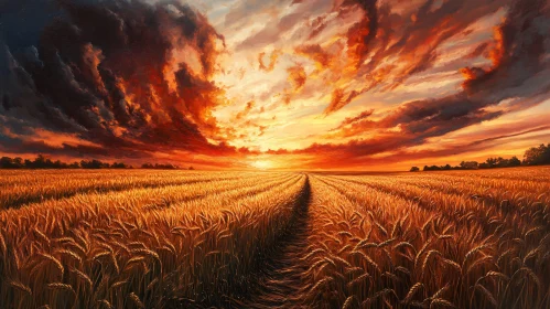 Sunset Over Wheat Field with Dramatic Clouds