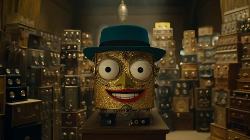 Animated Puppet Character with Shiny Eyes in Gold and Teal