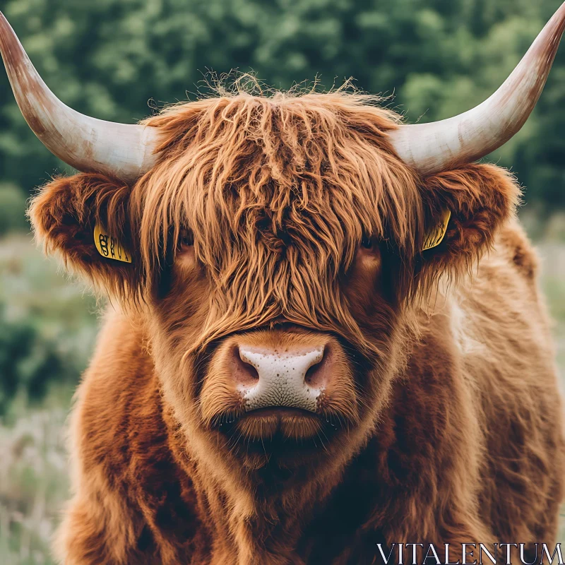 Highland Cow with Horns in Natural Setting AI Image