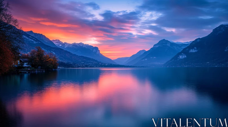 AI ART Tranquil Lake with Mountain Sunset Reflection