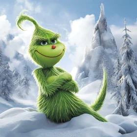 Animated Green Character in Winter Wonderland